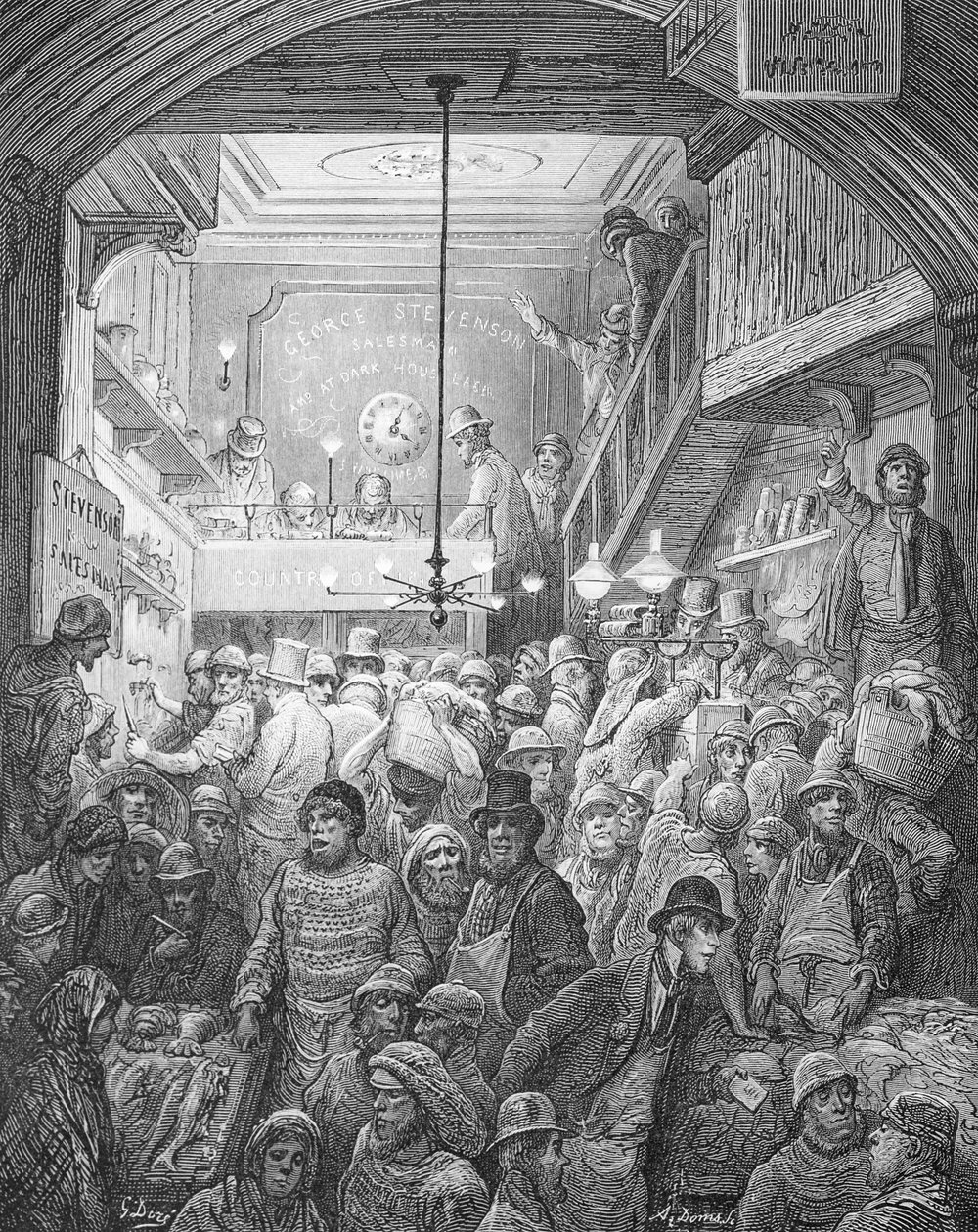 Billingsgate - Early Morning, de "Londres, uma peregrinação", escrito por William Blanchard Jerrold (1826-94), gravado por A. Doms, pub. 1872 de Gustave Dore