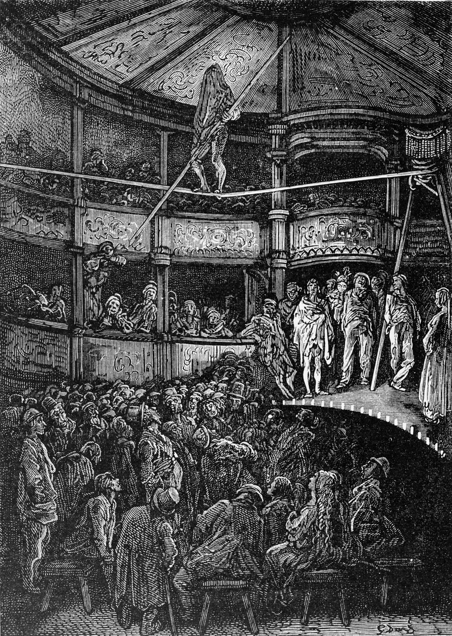 Blondin em Shoreditch, de &39;London, a Pilgrimage&39;, escrito por William Blanchard Jerrold (1826-94) e gravado por Gauchard, pub. 1872 de Gustave Dore