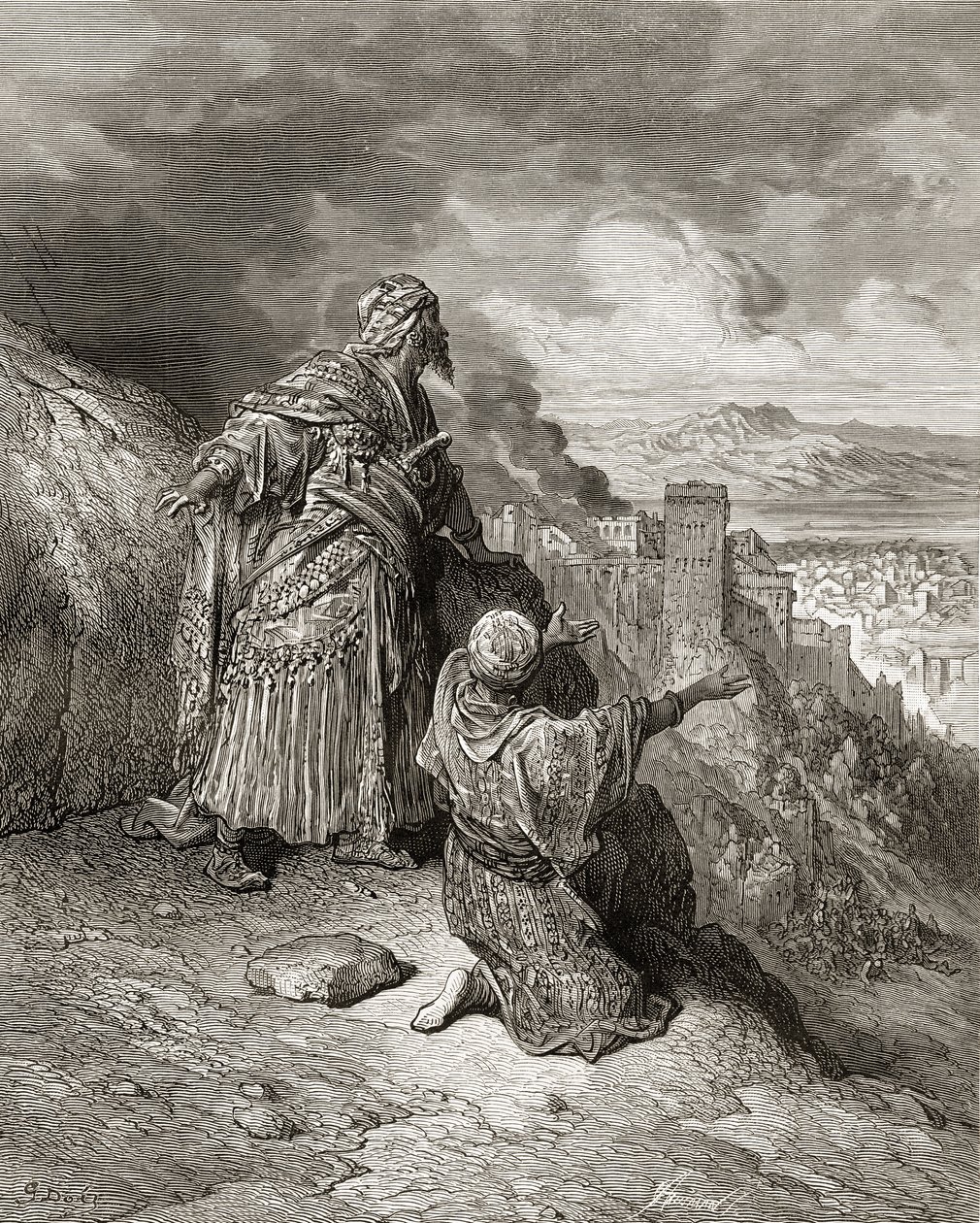 Boabdil (Muhammad XI) o último rei árabe de Granada é exilado em 1542, ilustração da "Bibliotheque des Croisades" por JF. Michaud, 1877 de Gustave Dore