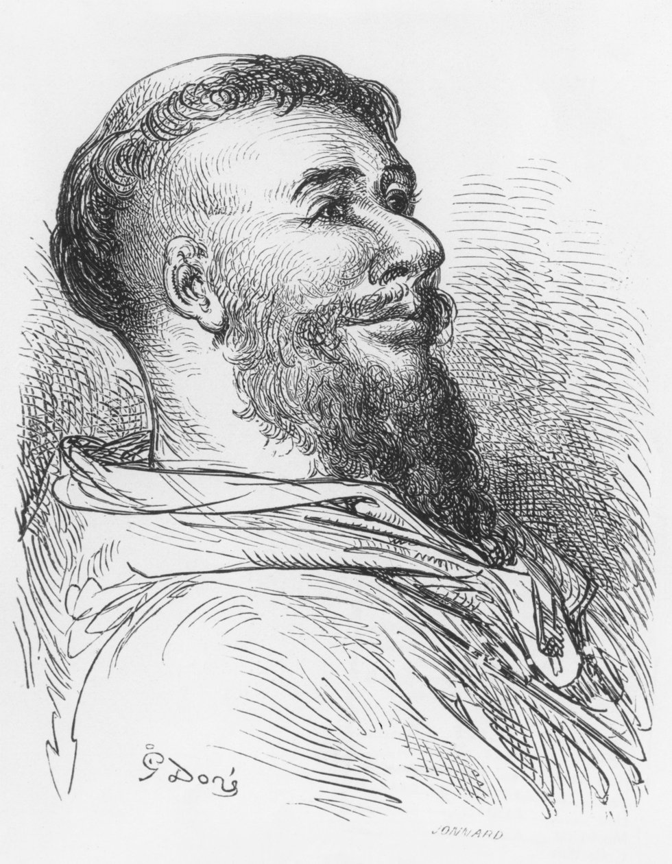 Irmão João dos Entomers, ilustração de &39;Gargântua&39; de François Rabelais (1494-1553) gravada por Paul Jonnard-Pacel (d.1902) de Gustave Dore