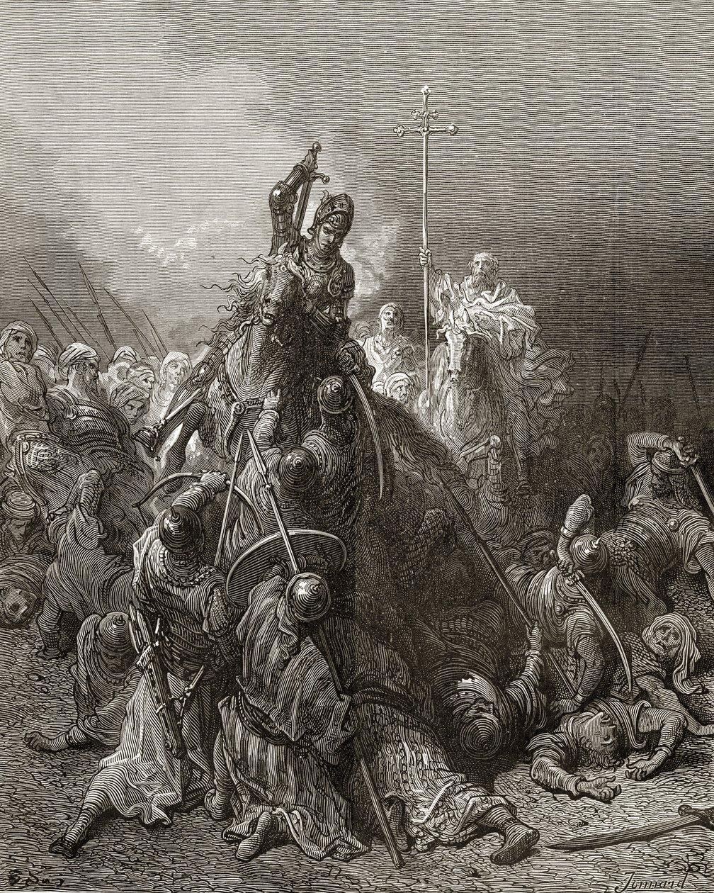 Os cavaleiros cristãos lutam sarracenos, ilustração de "Bibliotheque des Croisades" por JF. Michaud, 1877 de Gustave Dore