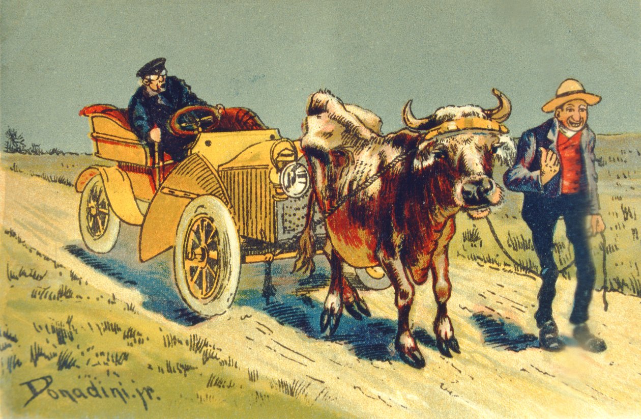 Vaca puxando um carro a motor - um colapso nos primeiros dias de automobilismo de Gustave Dore