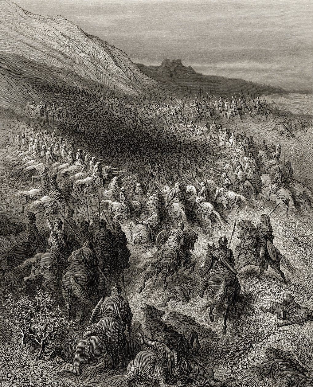 Cruzados cercados pelo exército de Saladino (1137-93), ilustração de "Bibliotheque des Croisades" por JF. Michaud, 1877 de Gustave Dore