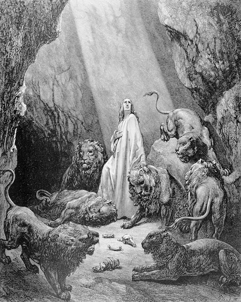 Daniel no Den of Lions, gravado por Antoine Alphee Piaud, c.1868 de Gustave Dore