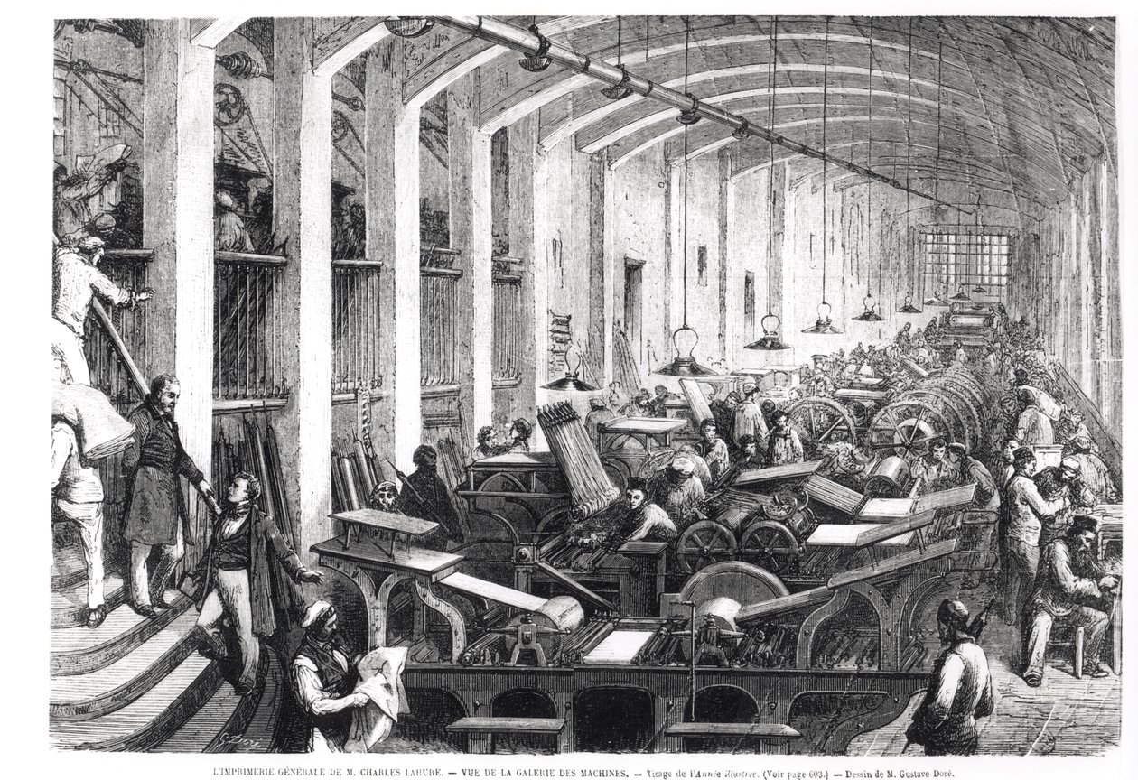 Trabalhos gerais de impressão de Charles Lahure, vista da galeria das máquinas imprimindo a revista &39;L&39;Annee Illustree&39; de Gustave Dore