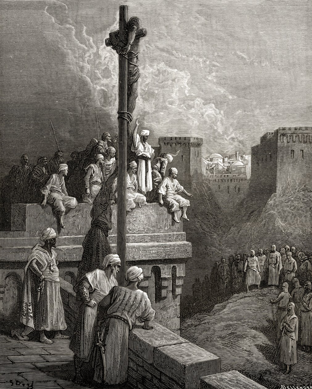 Gerard de Avesnes exposto nas paredes de Arsuf, ilustração de "Bibliotheque des Croisades" por JF. Michaud, 1877 de Gustave Dore