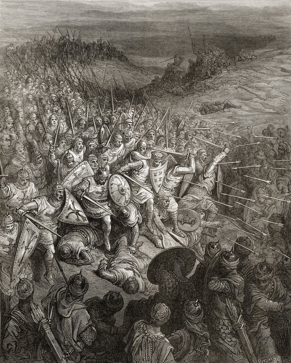 Os soldados de Godfrey dirigem através do exército muçulmano, ilustração da "Bibliotheque des Croisades" por JF. Michaud, 1877 de Gustave Dore