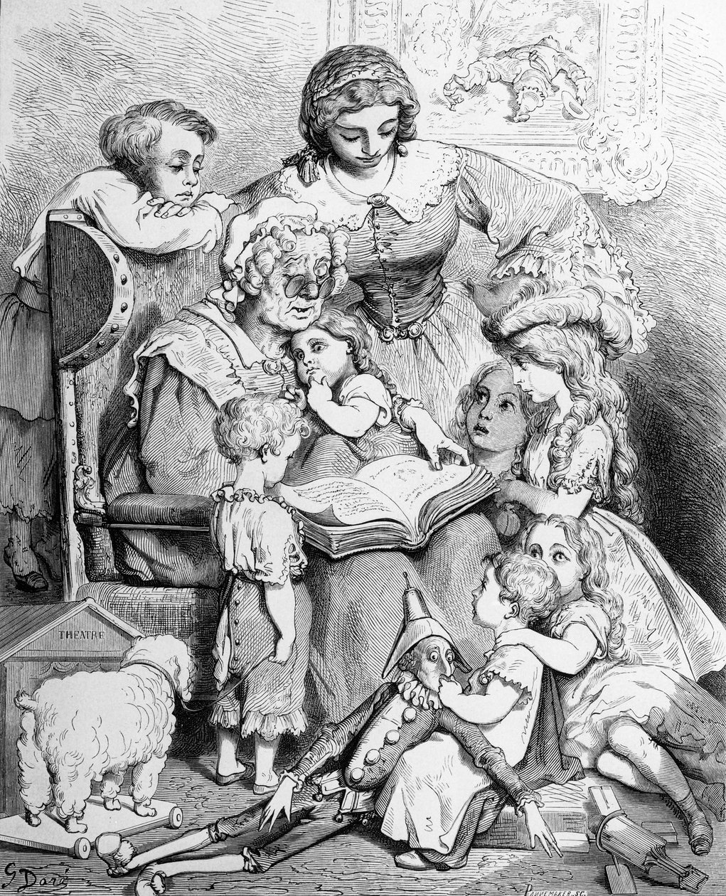 Avó contando uma história para seus netos, página de rosto ilustrada de &39;Les contes de Perrault&39;, gravada por Pannemaker, publicada por J.Hetzel, 1862 de Gustave Dore