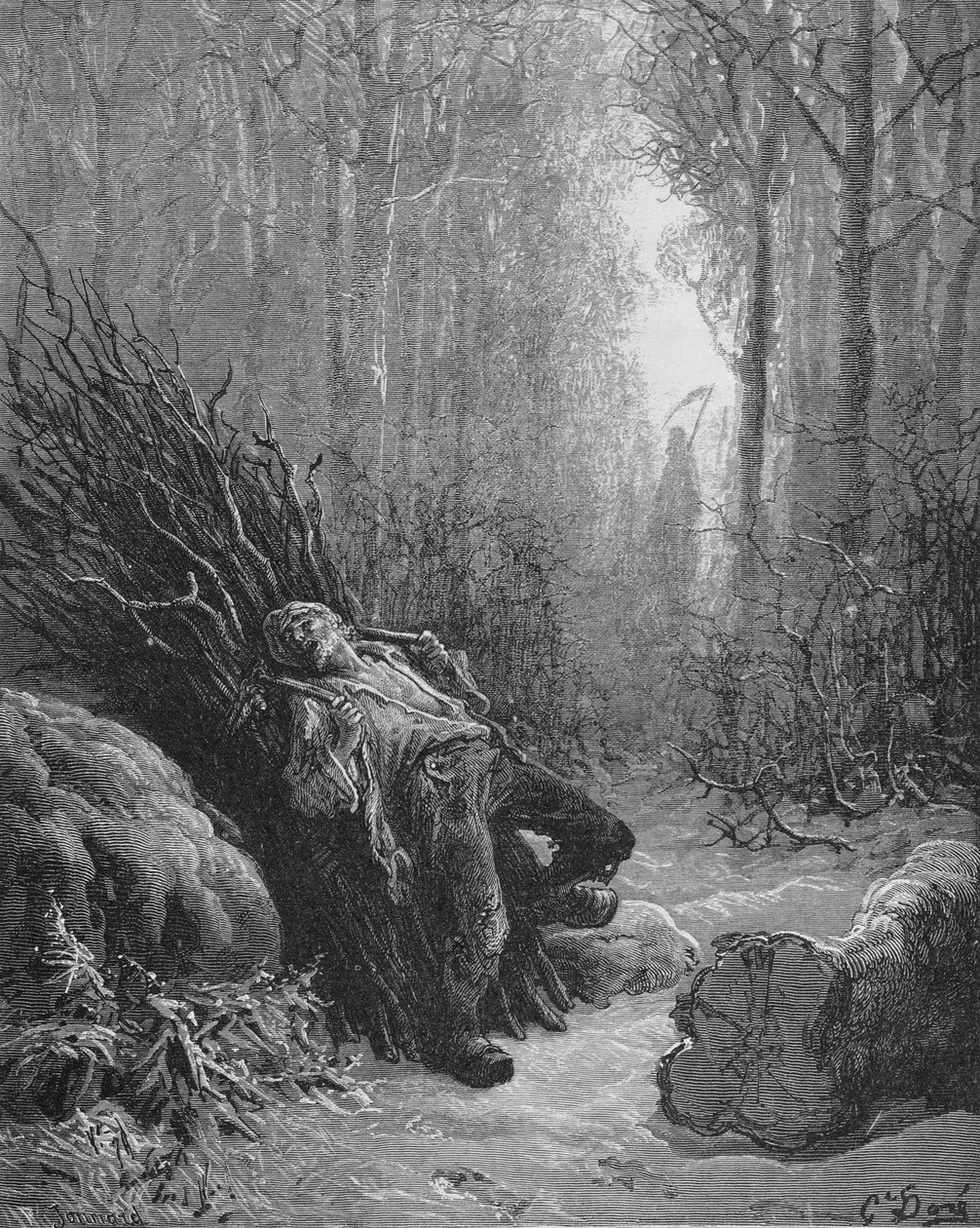 Ilustração para a morte e o lenhador, de &39;fábulas&39; por Jean de La Fontaine (1621-95) gravada por Jonnard de Gustave Dore