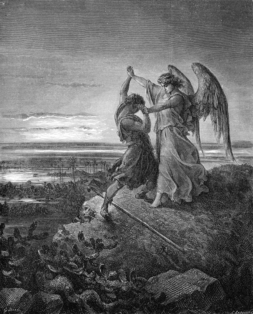Jacob lutando com o anjo, gravada por Doré. - Bíblia de Gustave Dore
