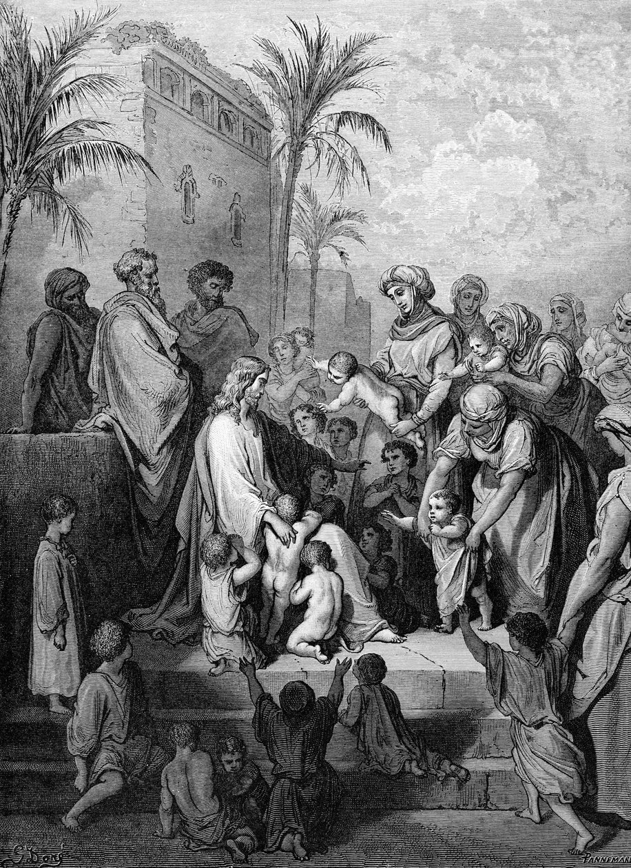Jesus abençoando as crianças, gravadas por Doré. - Bíblia de Gustave Dore