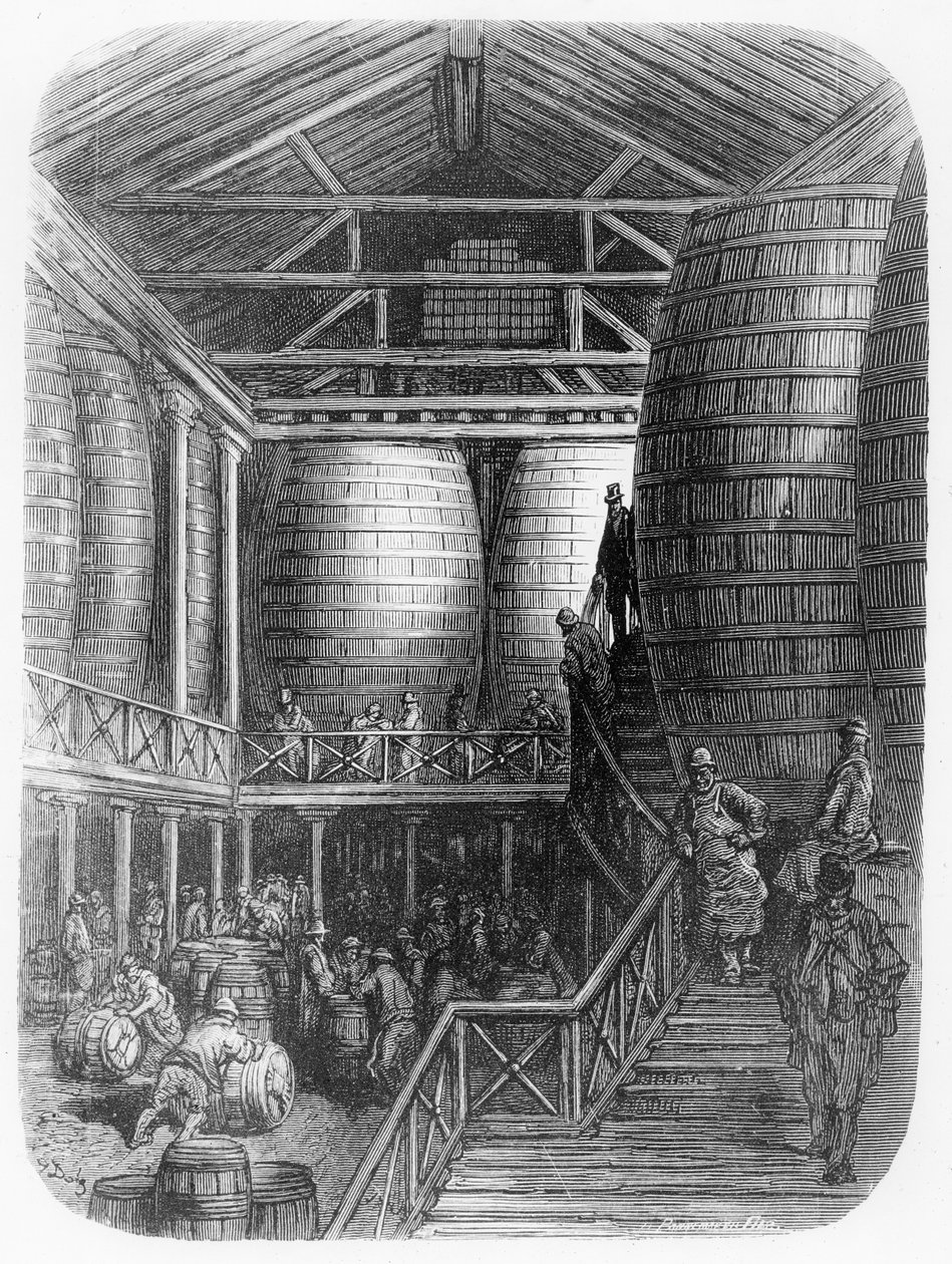 Grandes barris em uma cervejaria, de "Londres, uma peregrinação", escrita por William Blanchard Jerrold (1826-94) e gravada por Pannemaker, pub. 1872 de Gustave Dore