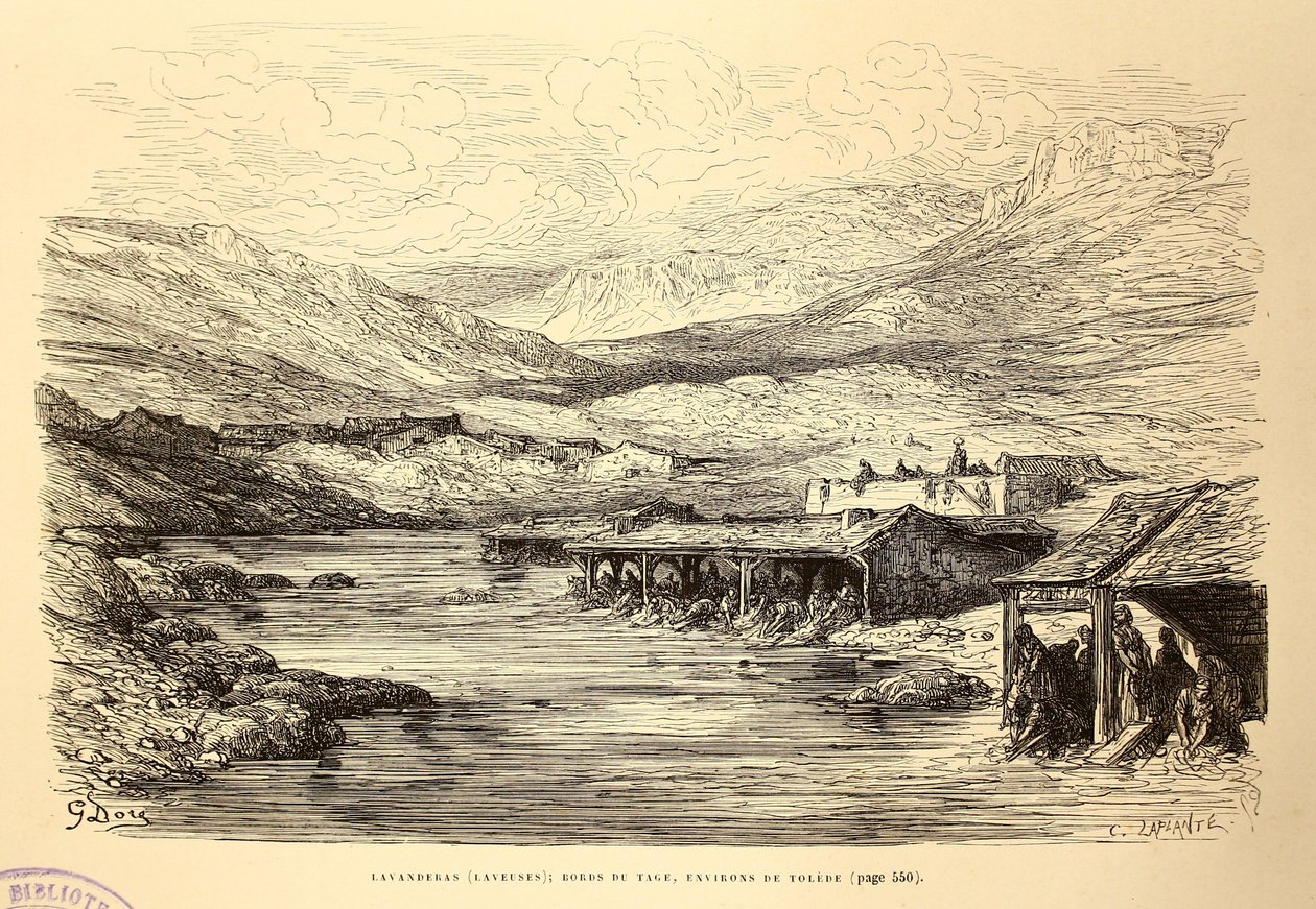 Lavanderas (lavadoras); bordas do piso, arredores de Toledo de Gustave Dore