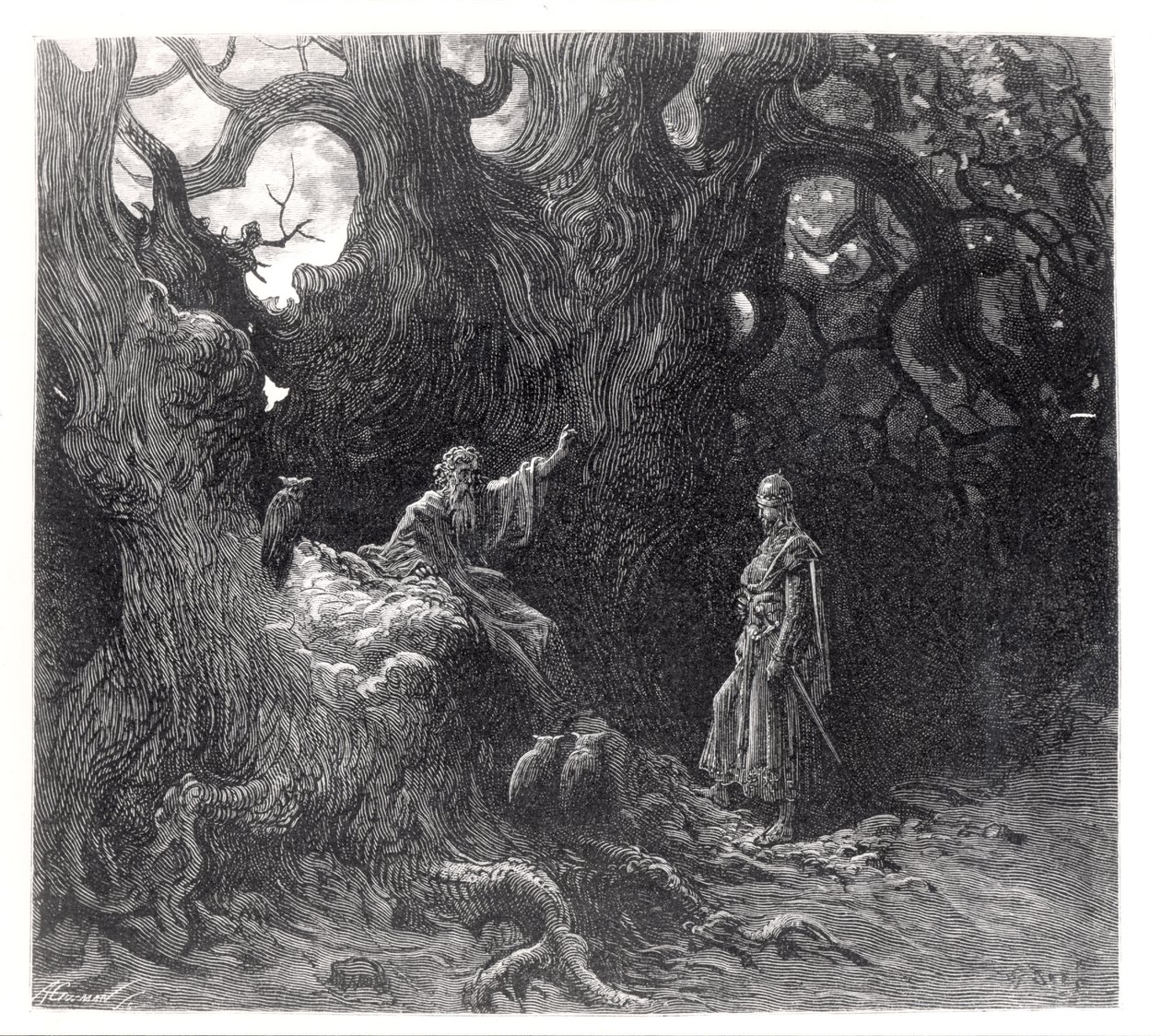 Merlin na floresta de Broceliande, de &39;Orlando Furioso&39; por Ludovico Ariosto (1474-1533), publicado pela Hachette em 1888 de Gustave Dore
