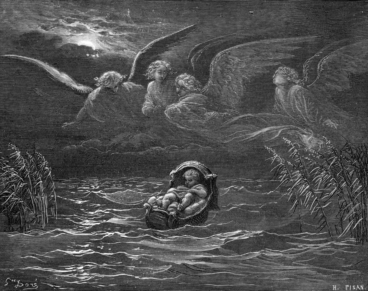 Moisés no rio Nilo, gravura por Doré. - Bíblia de Gustave Dore