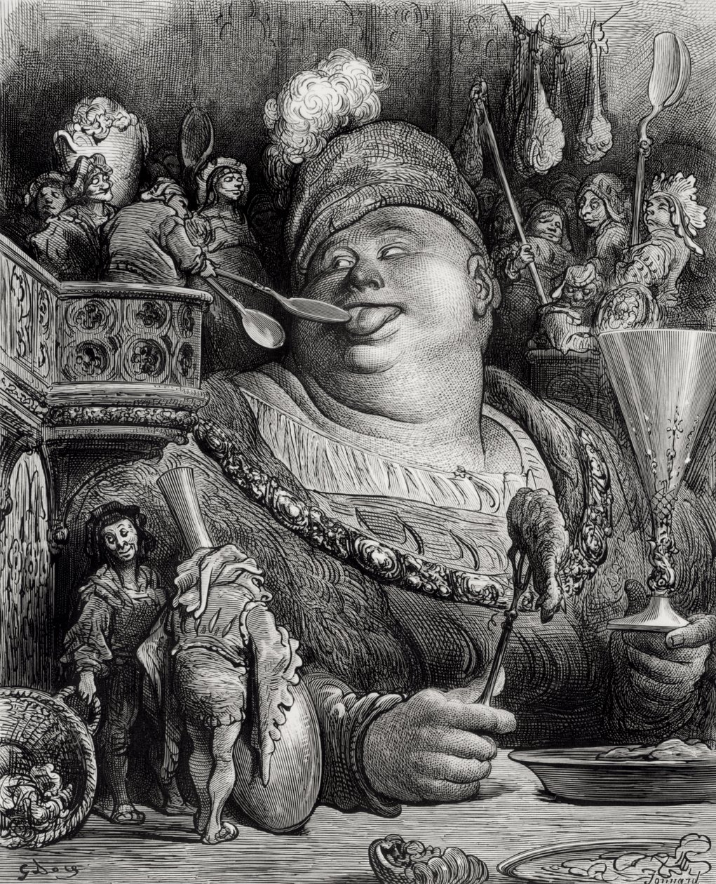 Refeição de Pantagruel, de "Pantagruel" por François Rabelais (1494-1553) gravada por Paul Jonnard-Pacel (d.1902) de Gustave Dore