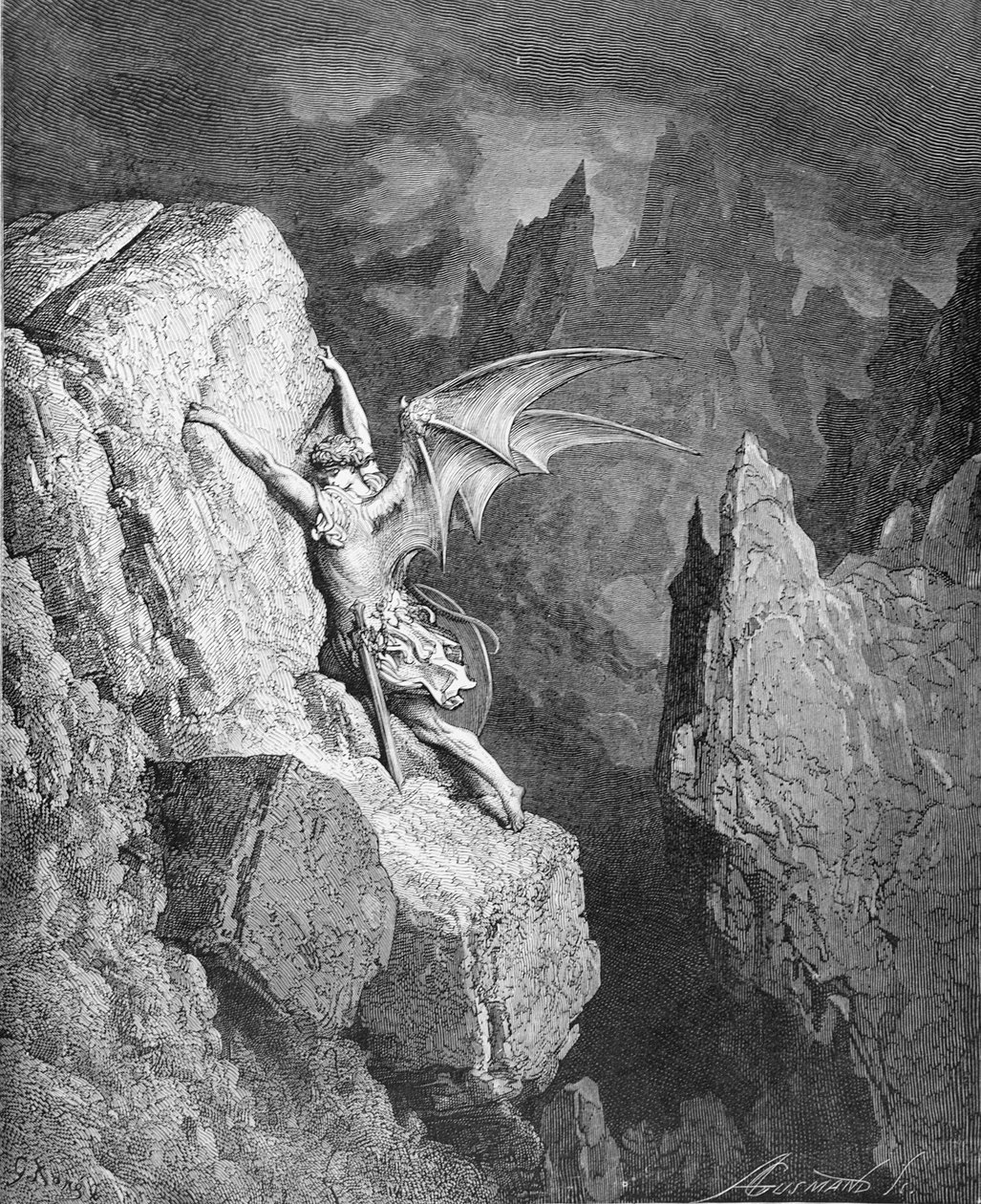 O Vôo de Satanás Através do Caos, de &39;Paradise Lost&39;, de John Milton (1608-74), gravado por Adolphe Gusmand (1821-1905), c.1868 de Gustave Dore