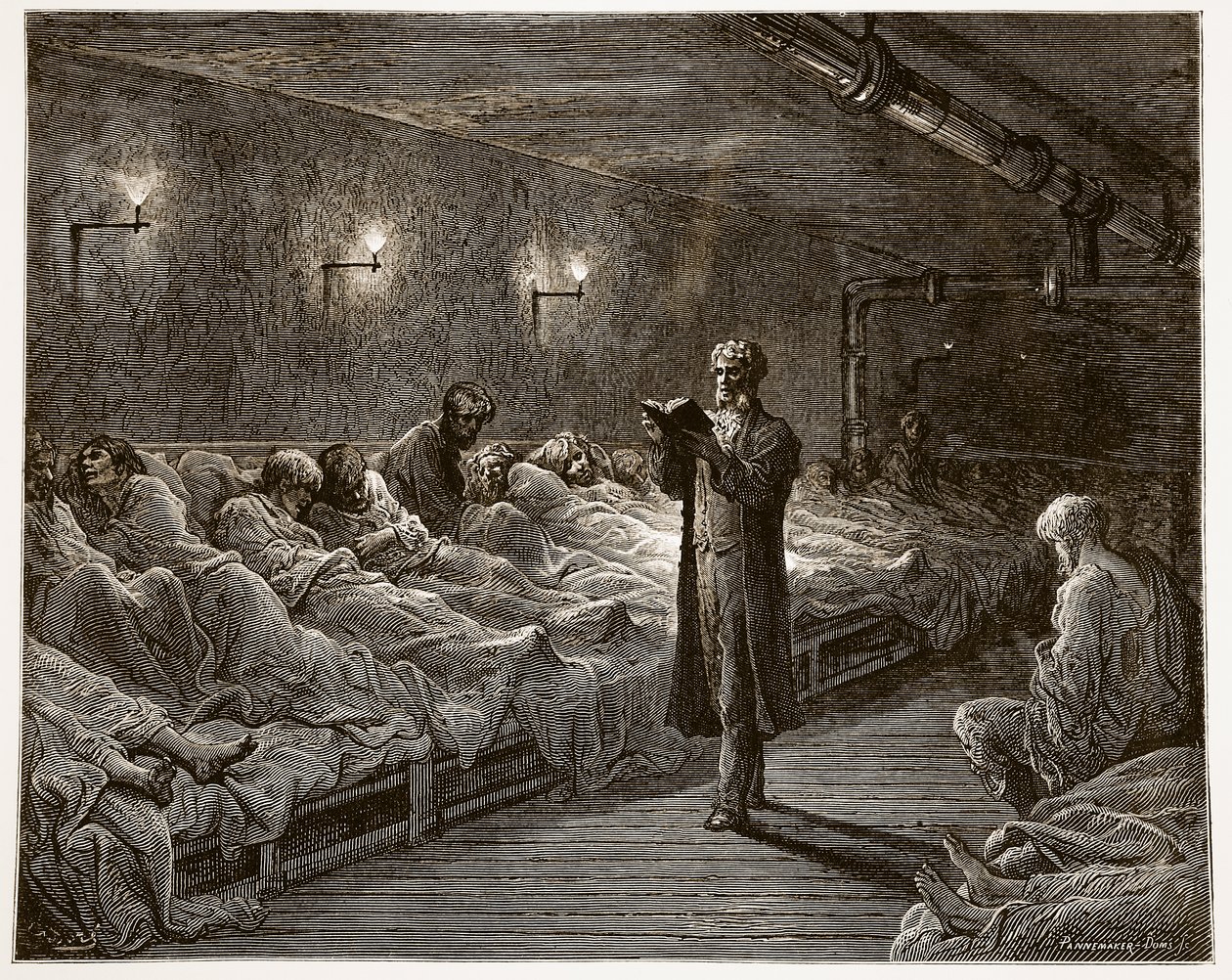 Leitor das Escrituras em um Refúgio Noturno, de &39;London, a Pilgrimage&39;, escrito por William Blanchard Jerrold (1826-84) e gravado por Pannemaker und A. Doms, pub. 1872 de Gustave Dore