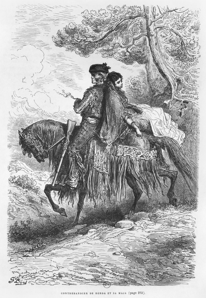 Contrabandista espanhol de Ronda e seu Maja, gravado por Felix Jean Gauchard (1825-72) de Gustave Dore