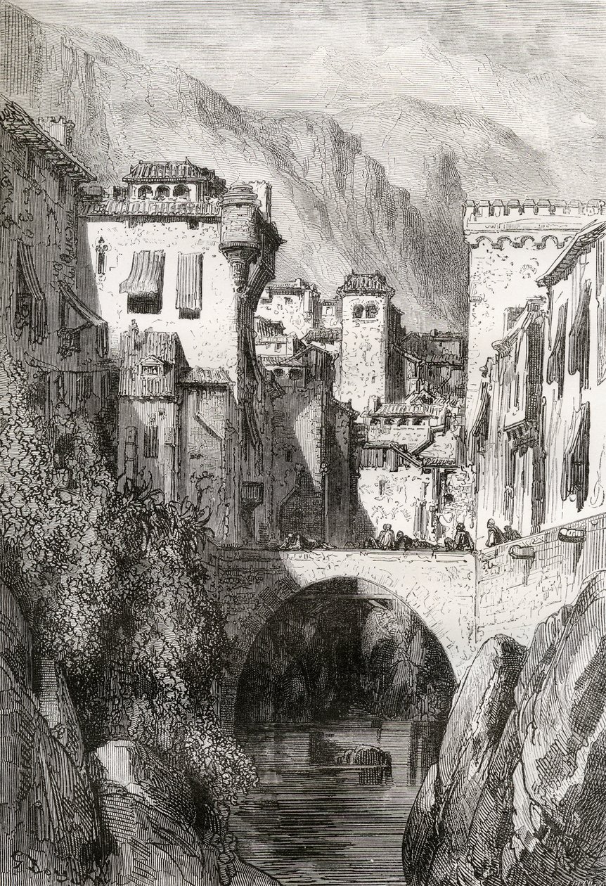 Os bancos do Darro, Granada, ilustração de &39;espanhol Pictures&39; pelo Rev. Samuel Manning de Gustave Dore