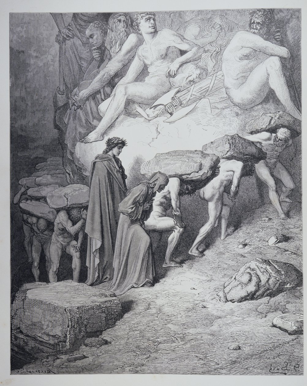 O Peso do Orgulho, de &39;A Divina Comédia&39; (Purgatorio) de Dante Alighieri (1265-1321) gravado por Antoine Valerie Bertrand (n.1823) c.1868 de Gustave Dore