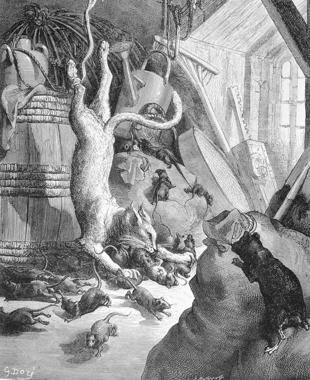 O gato e o velho rato, ilustração de &39;fábulas&39; por La Fontaine, 1868 de Gustave Dore