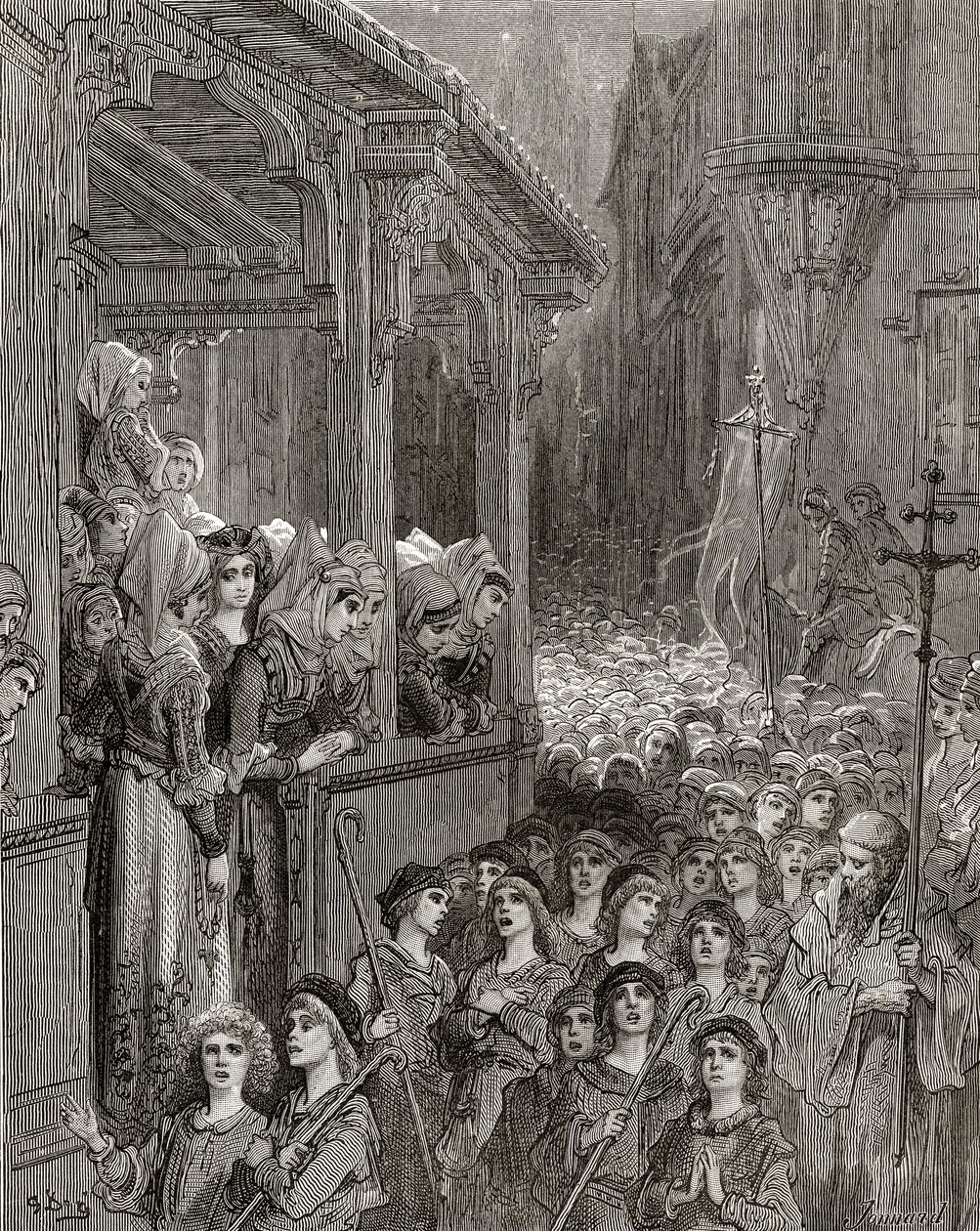 A cruzada das crianças em 1212, ilustração de "Bibliotheque des Croisades" por JF. Michaud, 1877 de Gustave Dore