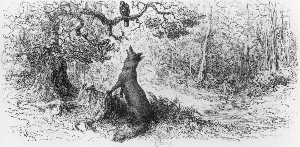 O Corvo e a Raposa, de Fábulas de Jean de La Fontaine (1621-95) de Gustave Dore