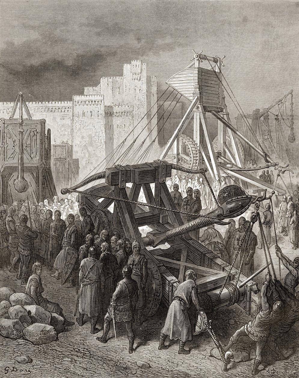 A maquinaria da guerra dos cruzados, ilustração de "Bibliotheque des Croisades" por JF. Michaud, 1877 de Gustave Dore
