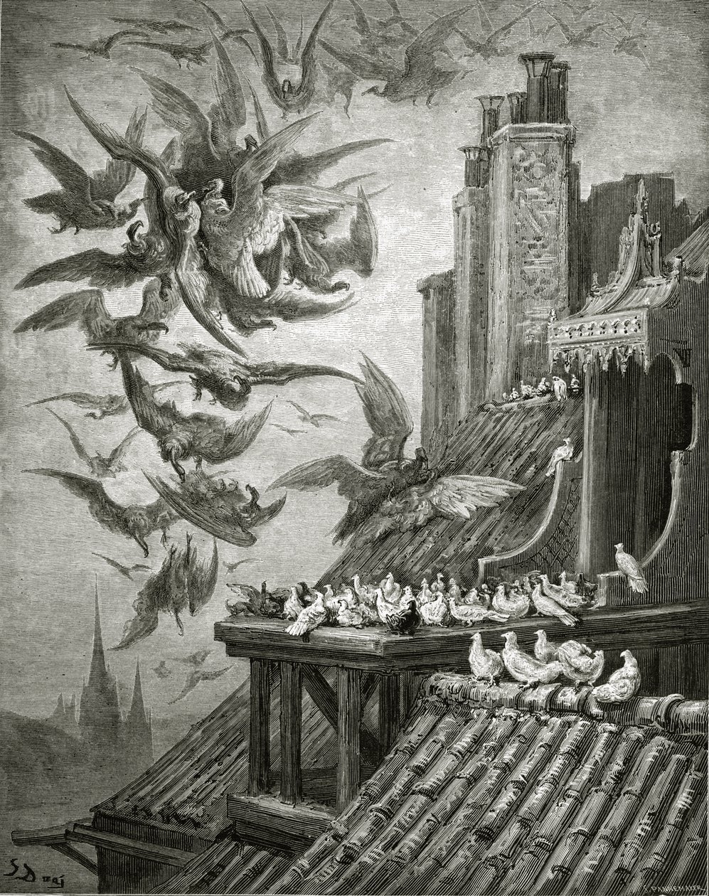 As águias e os pombos, ilustração de &39;fábulas&39; por La Fontaine, 1868 de Gustave Dore