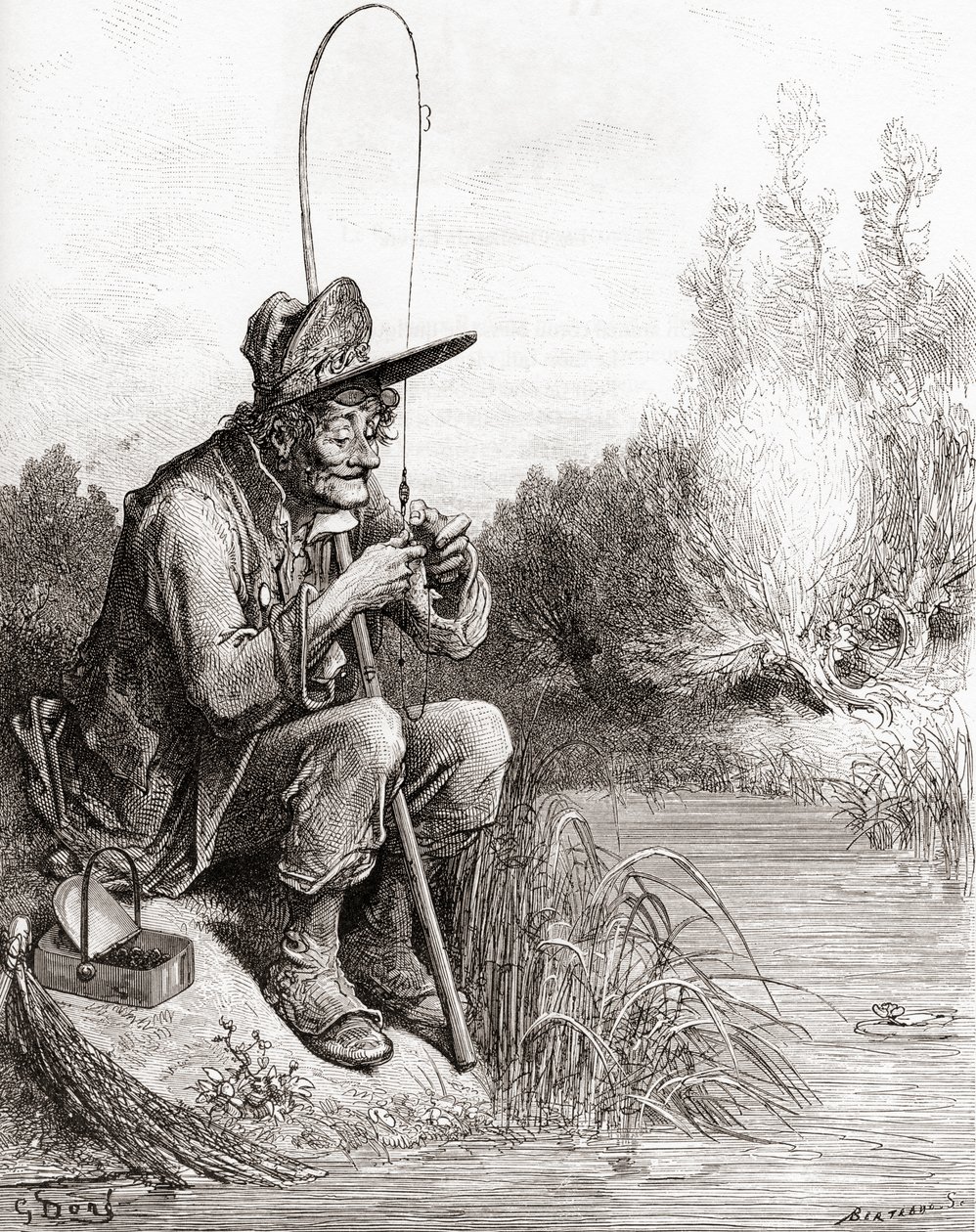 O Pescador e o Peixinho, de uma edição do final do século XIX de Fables de La Fontaine (gravura em madeira) de Gustave Dore