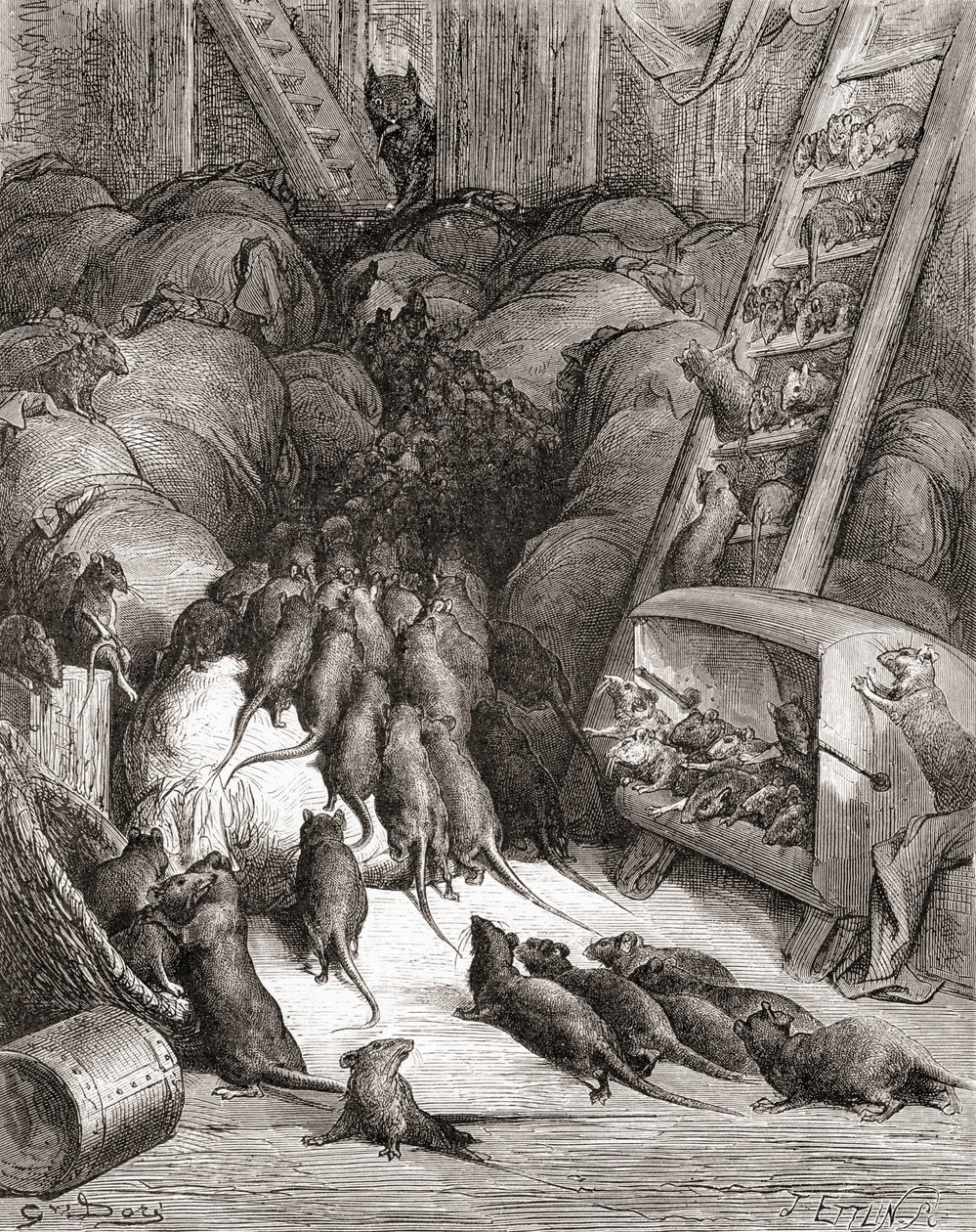 A Liga dos Ratos, de uma edição do final do século 19 de Fables de La Fontaine (gravura em madeira) de Gustave Dore