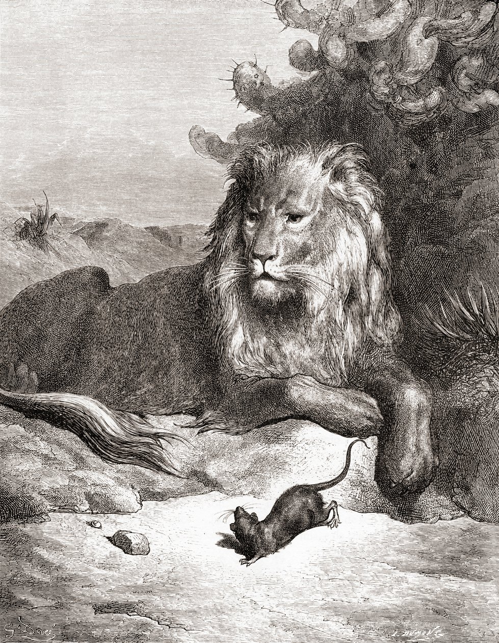 O Leão e o rato, de uma edição do final do século XIX de Fables de La Fontaine (gravura em madeira) de Gustave Dore