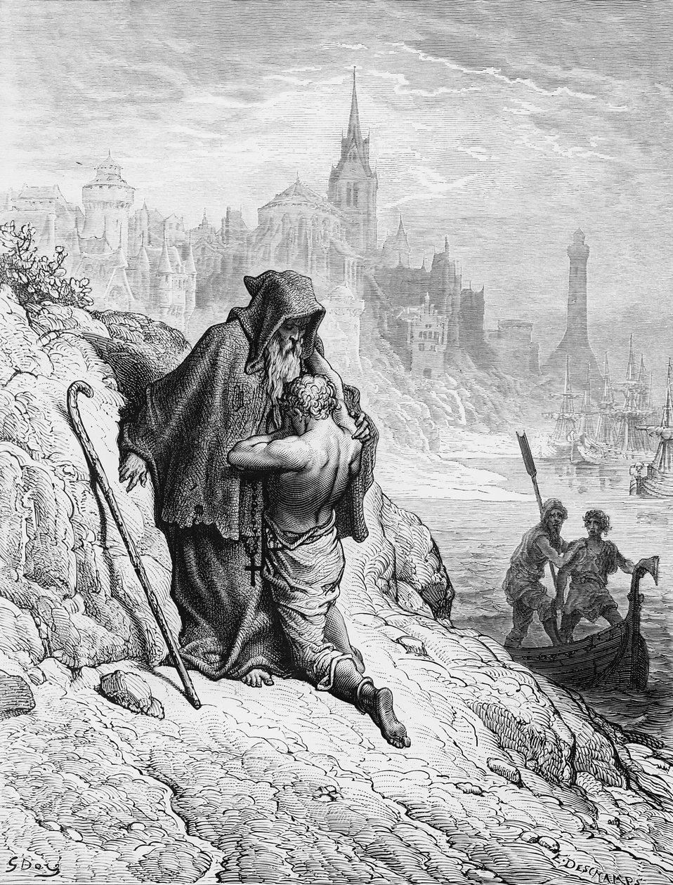 O Marinheiro implora ao Eremita que lhe dê a absolvição de seu pecado, cena de "O Tempo do Velho Marinheiro", de ST Coleridge, publicado por Harper und Brothers, Nova York, 1876 (gravura em madeira) de Gustave Dore