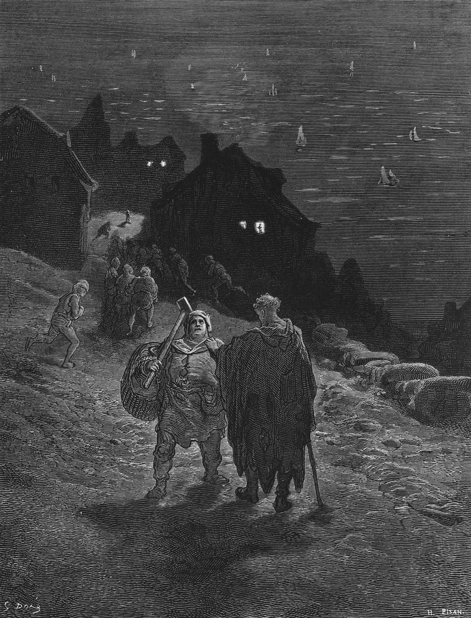 O marinheiro, condenado a viajar incessantemente de país em país, também está condenado a relatar sua história a pessoas que conhece, cena de "O tempo do velho marinheiro" de ST Coleridge, publi de Gustave Dore