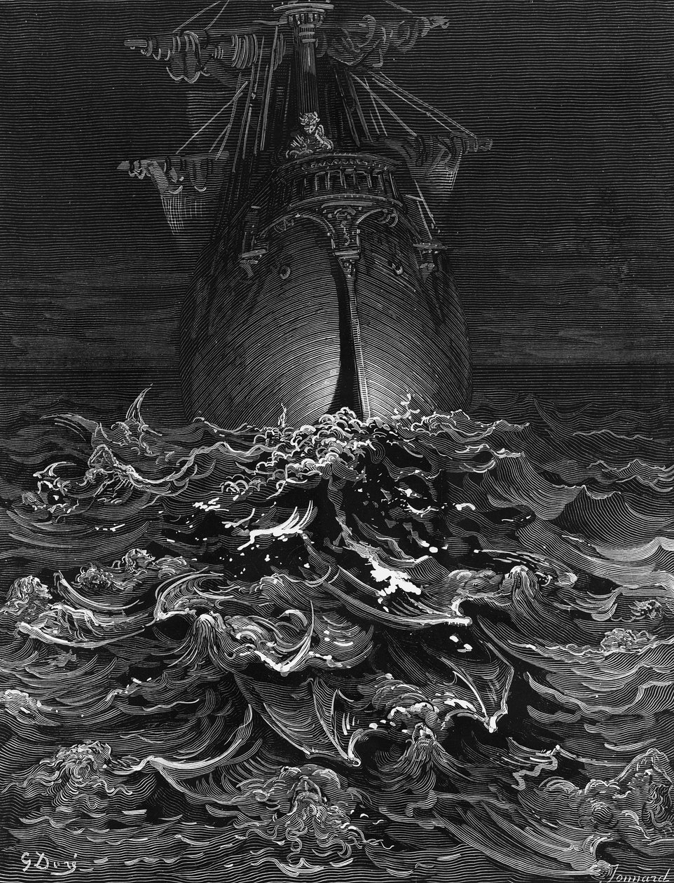O Marinheiro olha para o oceano e lamenta sua sobrevivência, enquanto todos os seus companheiros marinheiros morreram, cena de "The Rime of the Ancient Mariner" por ST Coleridge, publicado pela Harper und Brothers, Nova York de Gustave Dore