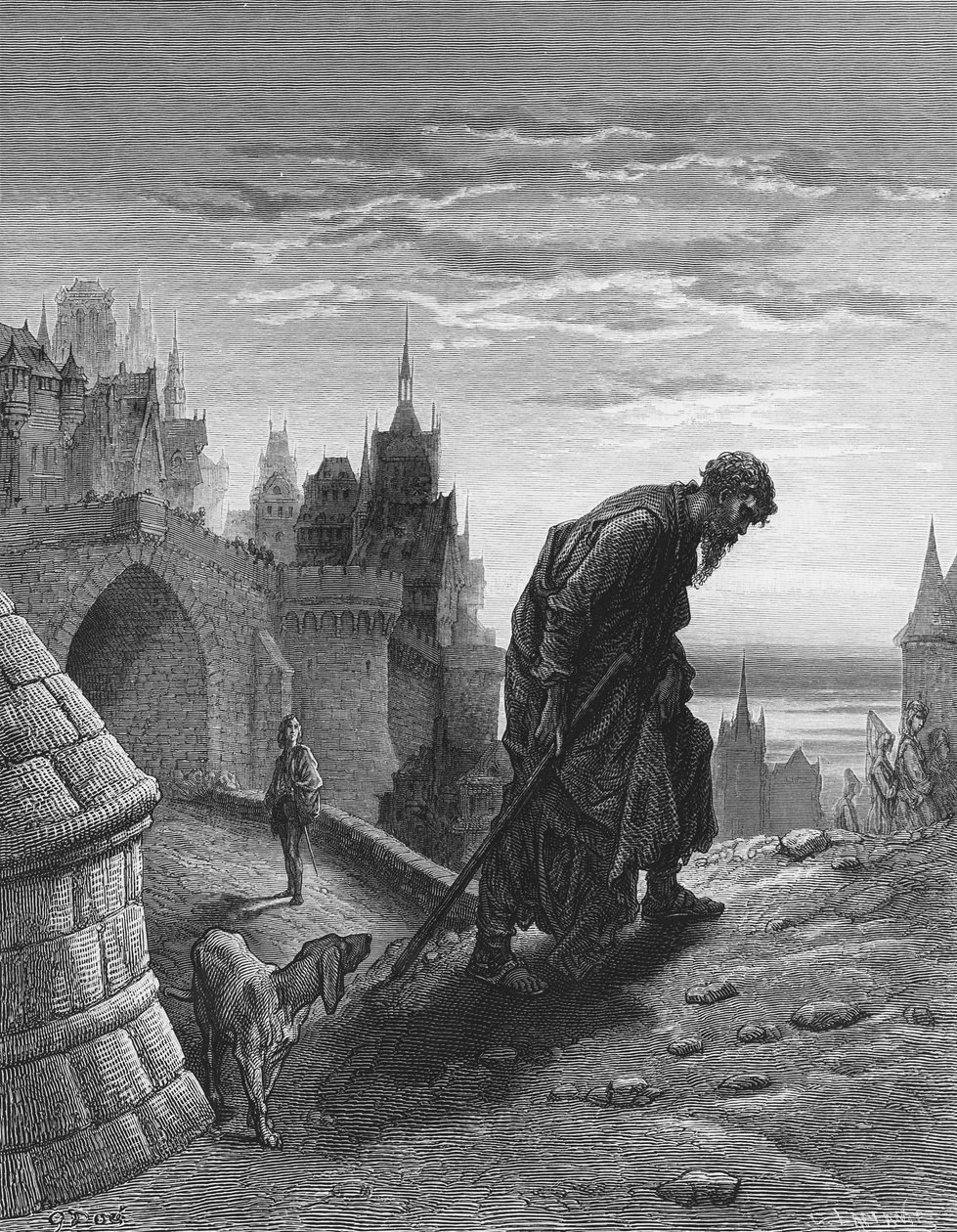 O Mariner, tendo terminado sua história, vira-se para sair, enquanto seu ouvinte, o convidado do casamento, o admira em espanto e tristeza, cena de &39;O Rime do Marinheiro Antigo&39; por ST Coleridge, pu de Gustave Dore