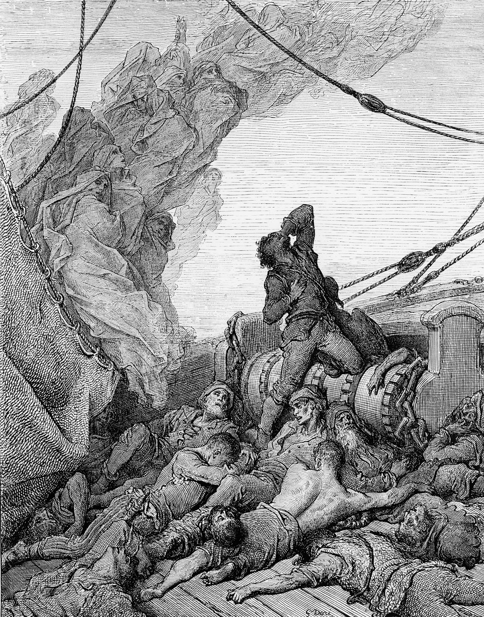 O Marinheiro, cercado pelos marinheiros mortos, sofre angústia de espírito, cena de "O Rime do Marinheiro Antigo" por ST Coleridge, publicado pela Harper und Brothers, Nova York, 1876 (gravura em madeira) de Gustave Dore