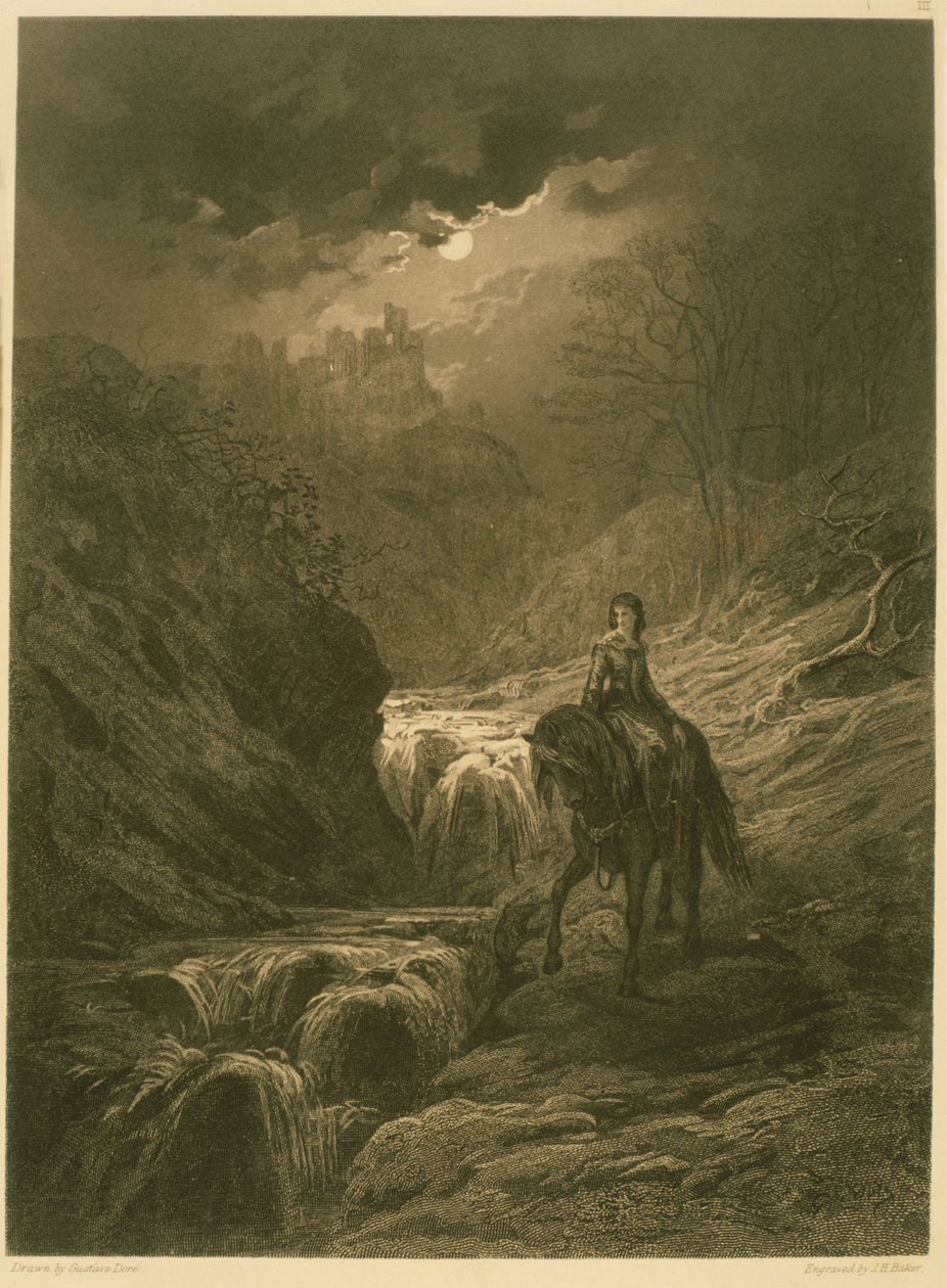 O passeio ao luar, ilustração de &39;Idylls of the King&39;, de Alfred Tennyson, 1868 de Gustave Dore