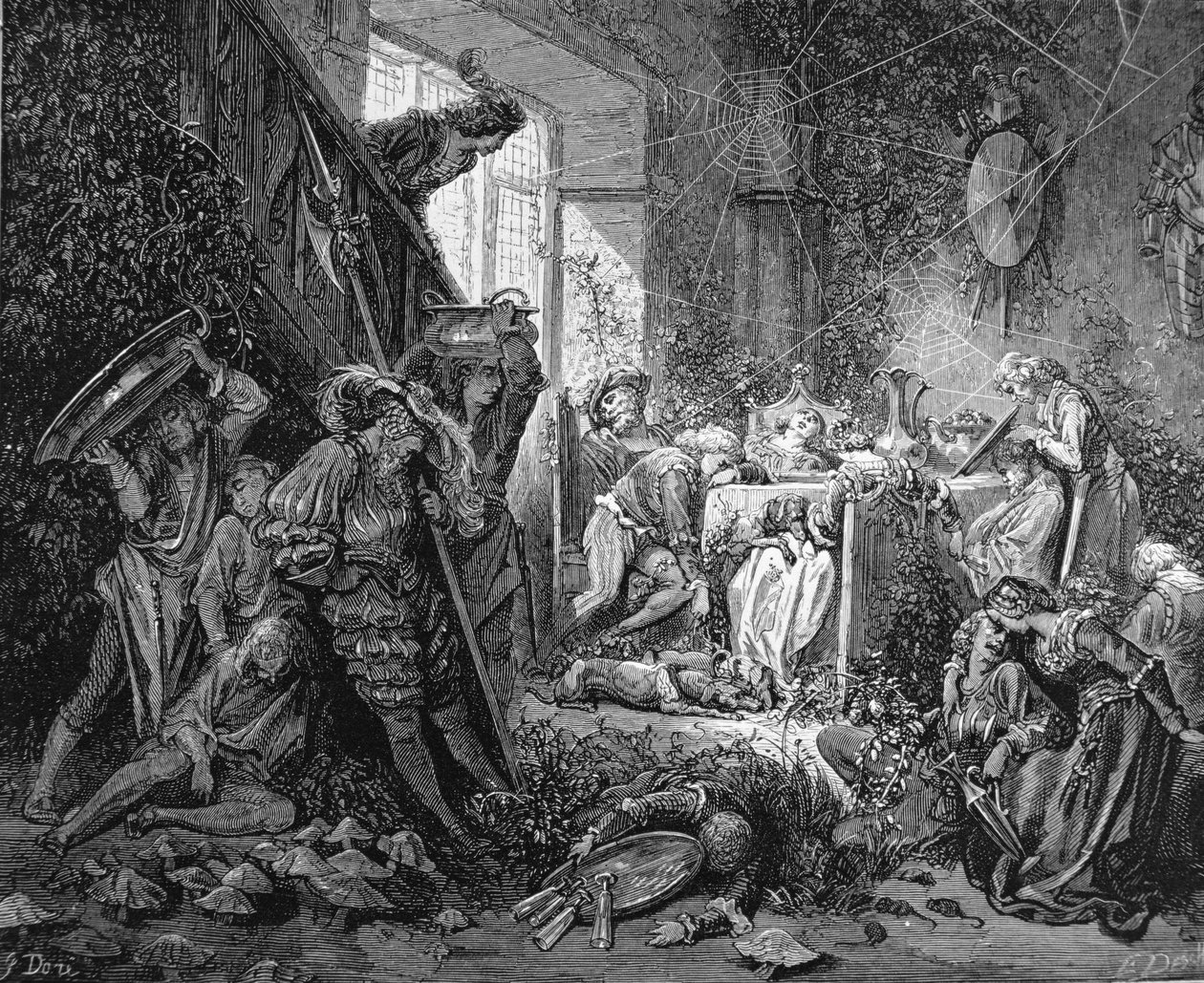 O príncipe chegando ao castelo encantado, ilustração para &39;a bela adormecida&39; por Charles Perrault (1628-1703) de Gustave Dore