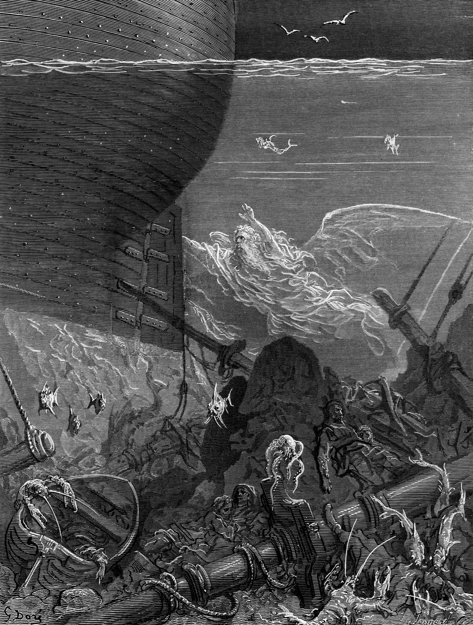 O Espírito que acompanhou o navio desde a Antártida, cena de "O Tempo do Velho Marinheiro" por ST Coleridge, publicado por Harper und Brothers, Nova York, 1876 (gravura em madeira) de Gustave Dore