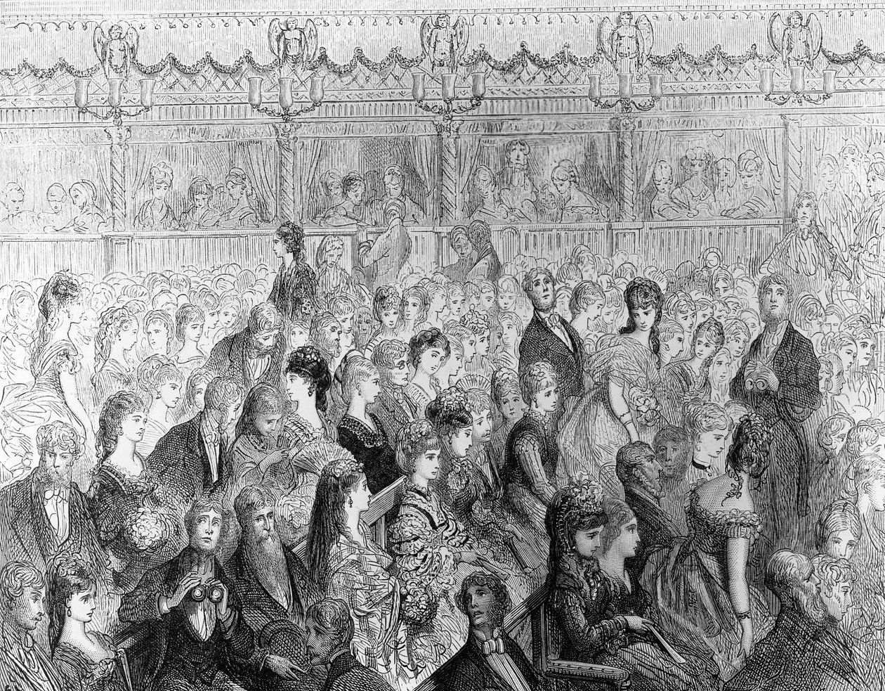 The Stalls, Covent Garden Opera, de &39;London, a peregrinação&39;, escrito por William Blanchard Jerrold (1826-84), gravado por Paul Jonnard-Pacel (d.1902) de Gustave Dore