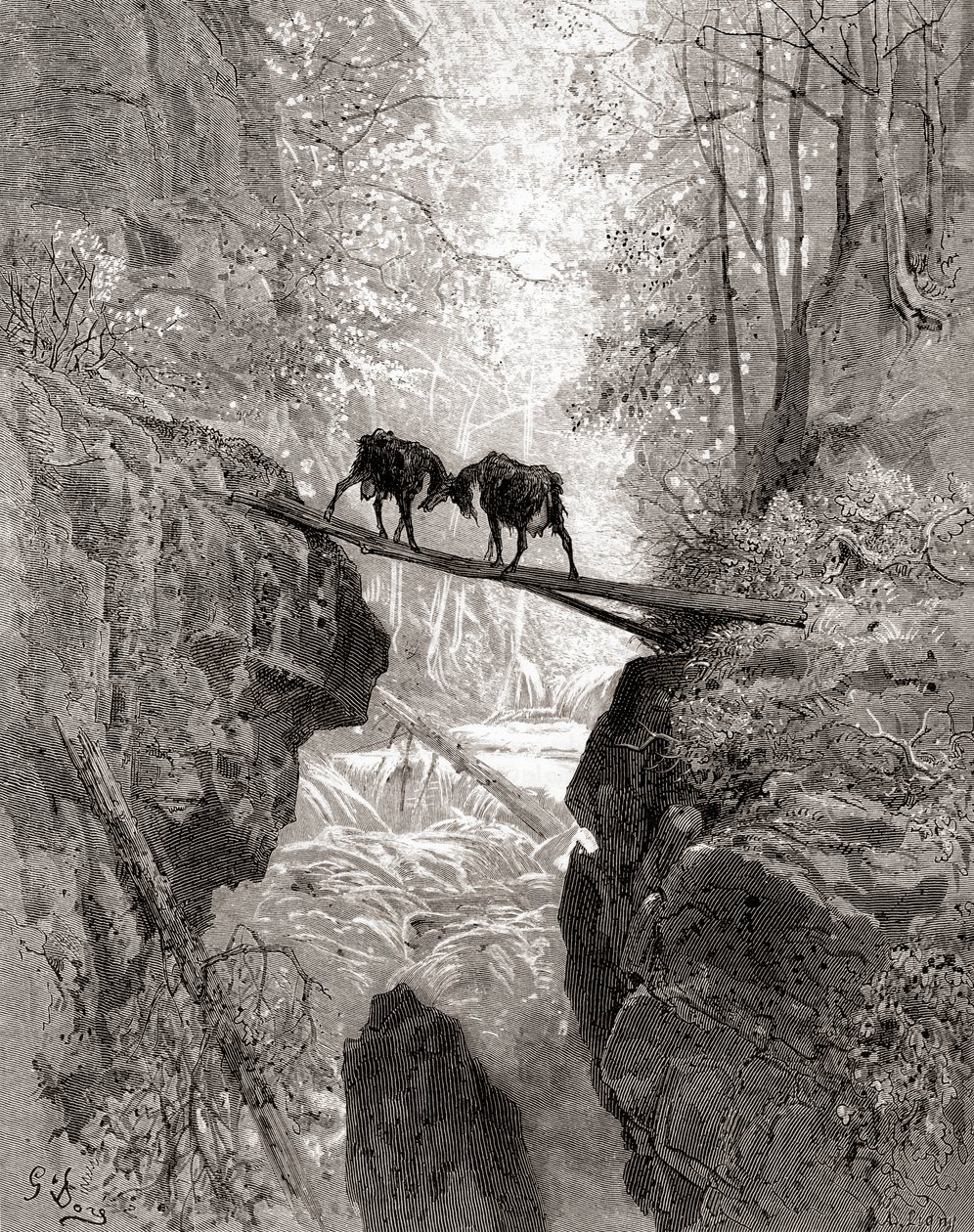 The Two Goats, de uma edição do final do século 19 de Fables de La Fontaine (gravura em madeira) de Gustave Dore