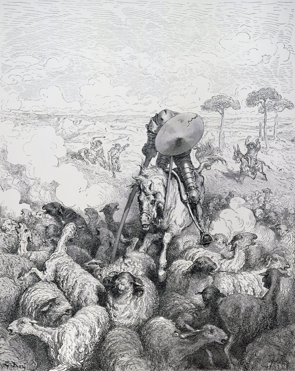 A Carga Valente, de &39;Dom Quixote de la Mancha&39; de Miguel Cervantes (1547-1616) gravado por Heliodore Joseph Pisan (1822-90) c.1868 de Gustave Dore