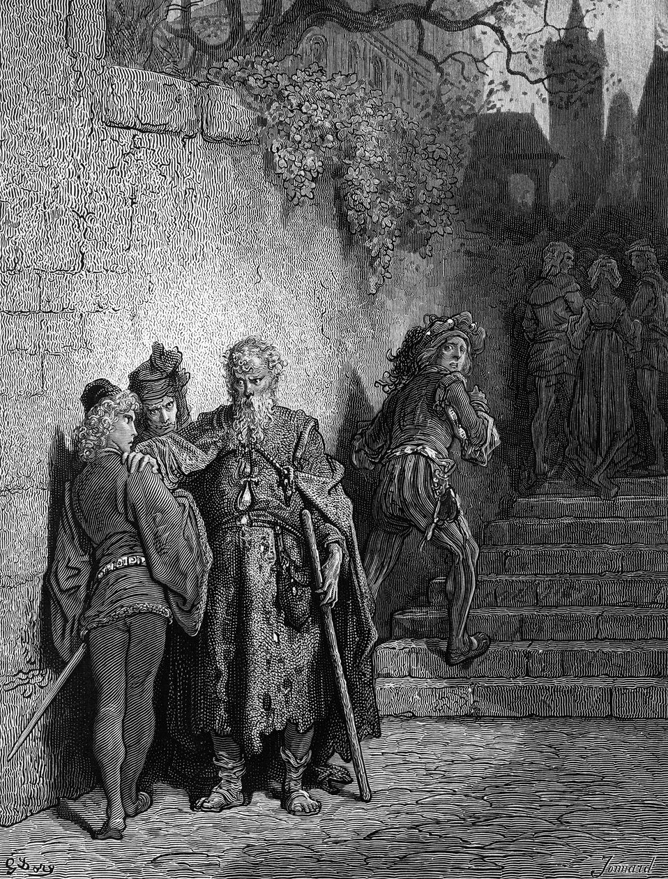 The Wedding Guest sendo detido pelo Ancient Mariner, cena de abertura de &39;The Rime of the Ancient Mariner&39;, por ST Coleridge, publicado pela Harper und Sons, Nova York, 1876 (gravura em madeira) de Gustave Dore