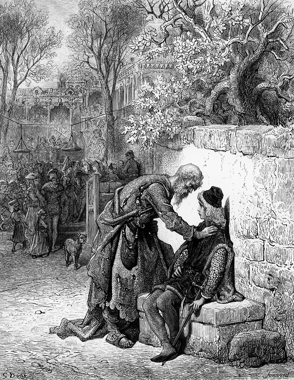 O Convidado do Casamento sendo impedido pelo Antigo Marinheiro de participar do casamento, cena de &39;O Tempo do Marinheiro Antigo&39;, por ST Coleridge, publicado pela Harper und Sons, Nova York, 1876 (madeira e de Gustave Dore