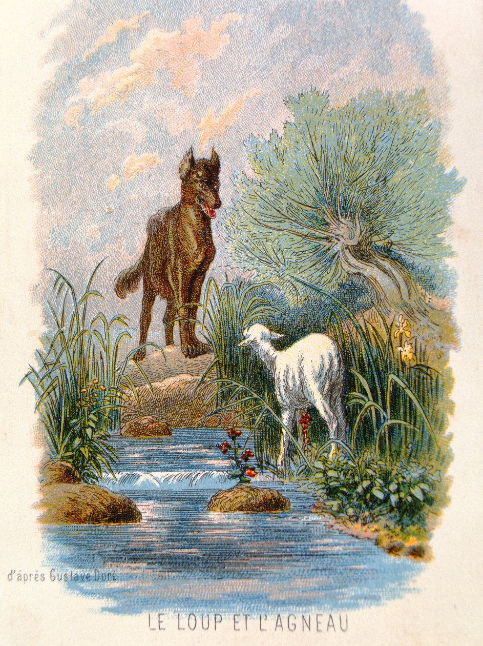 &39;O lobo e o cordeiro&39;, ilustração de &39;fábulas&39; por La Fontaine. 1868 de Gustave Dore