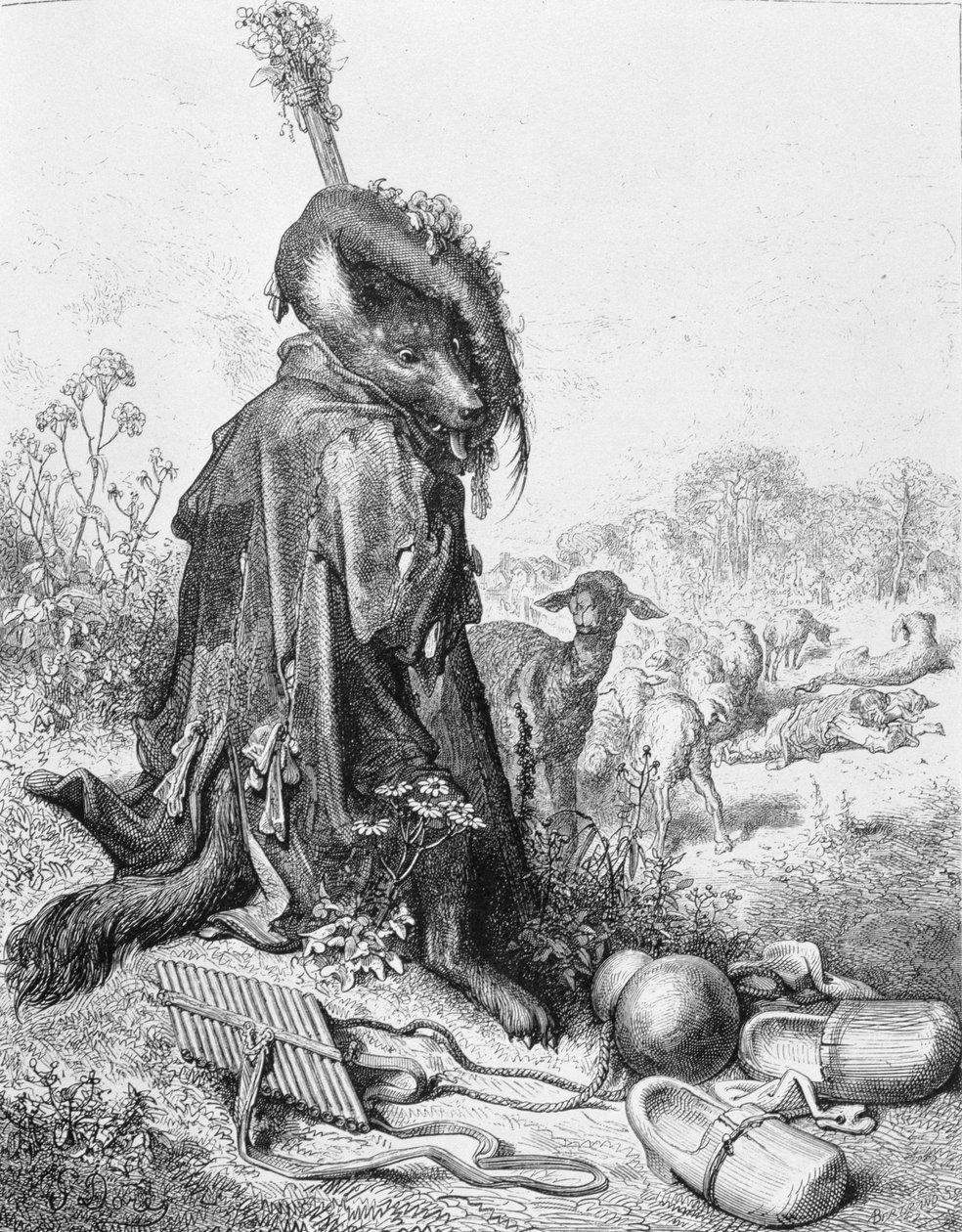 O lobo virou pastor, ilustração de &39;fábulas&39; por La Fontaine, 1868 de Gustave Dore