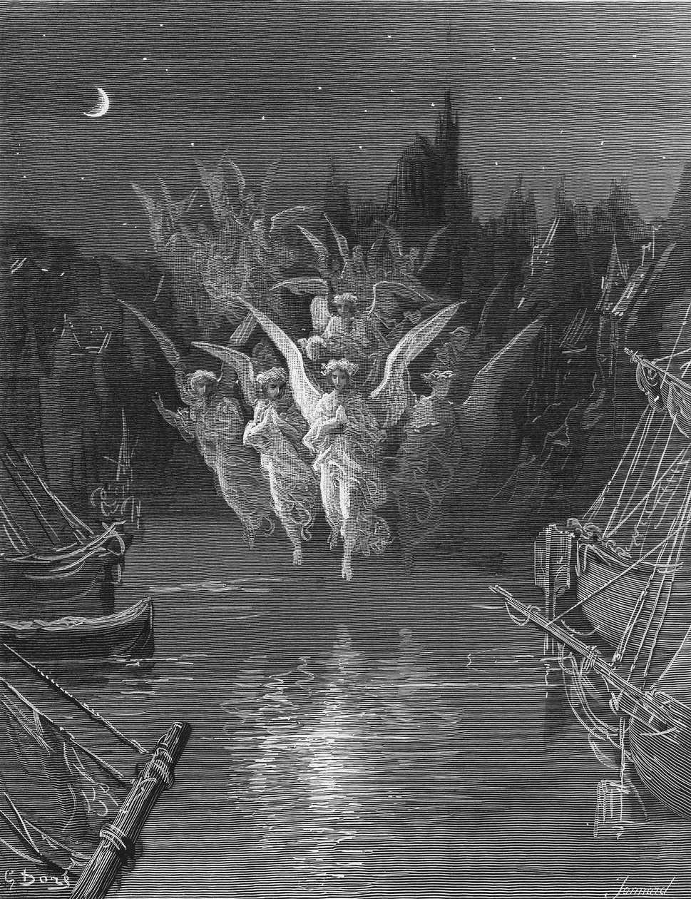 Os espíritos angélicos deixam os cadáveres e aparecem em suas próprias formas de luz, cena de "O tempo do velho marinheiro" de ST Coleridge, publicado por Harper und Brothers, Nova York, 1876 (wood e de Gustave Dore