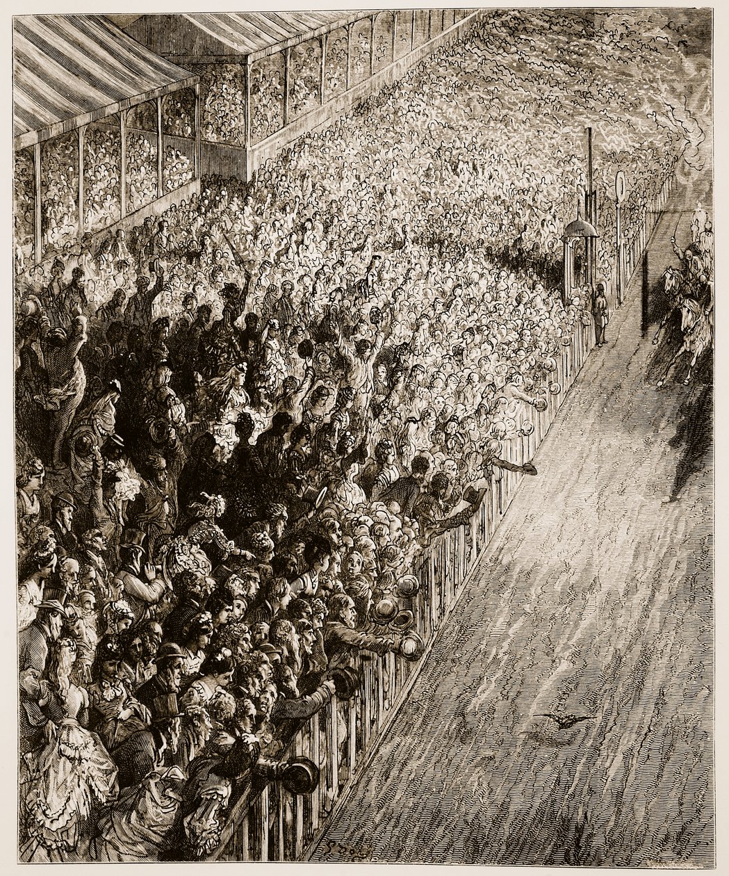 A linha de chegada do Derby, de &39;London, a Pilgrimage&39;, escrita por William Blanchard Jerrold (1826-94) e gravada por Pannemaker, pub. 1872 de Gustave Dore